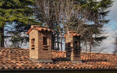 Two rustic brick chimneys on a red-tiled roof with a winter forest backdrop.